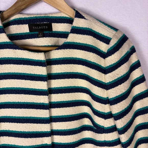 Talbots Cream Navy Cotton Blend Striped Blazer Jacket Nautical Preppy - Picture 6 of 8
